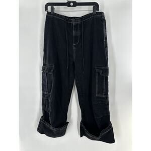 Cider Cargo Jeans Pants Women’s Sz 30 Baggy Black Cuffed Grunge Wide Leg Pull On